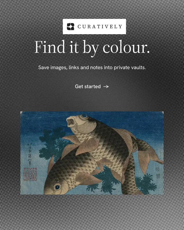 Instagram portrait post for Curatively: "Find it by colour." Minimal luxury style, centred layout, dark palette in grey, black.