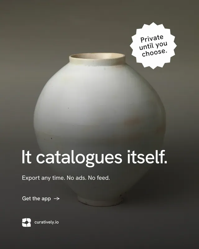 Instagram portrait post for Curatively: "It catalogues itself." Minimal luxury style, sticker layout, dark palette in grey, black.