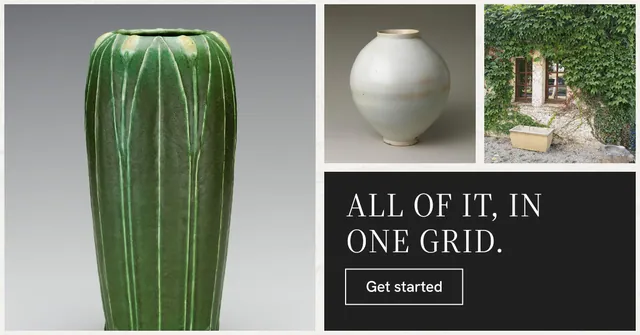 Social ad for Curatively: "All of it, in one grid." Editorial style, collage layout, light palette in grey, black, green.