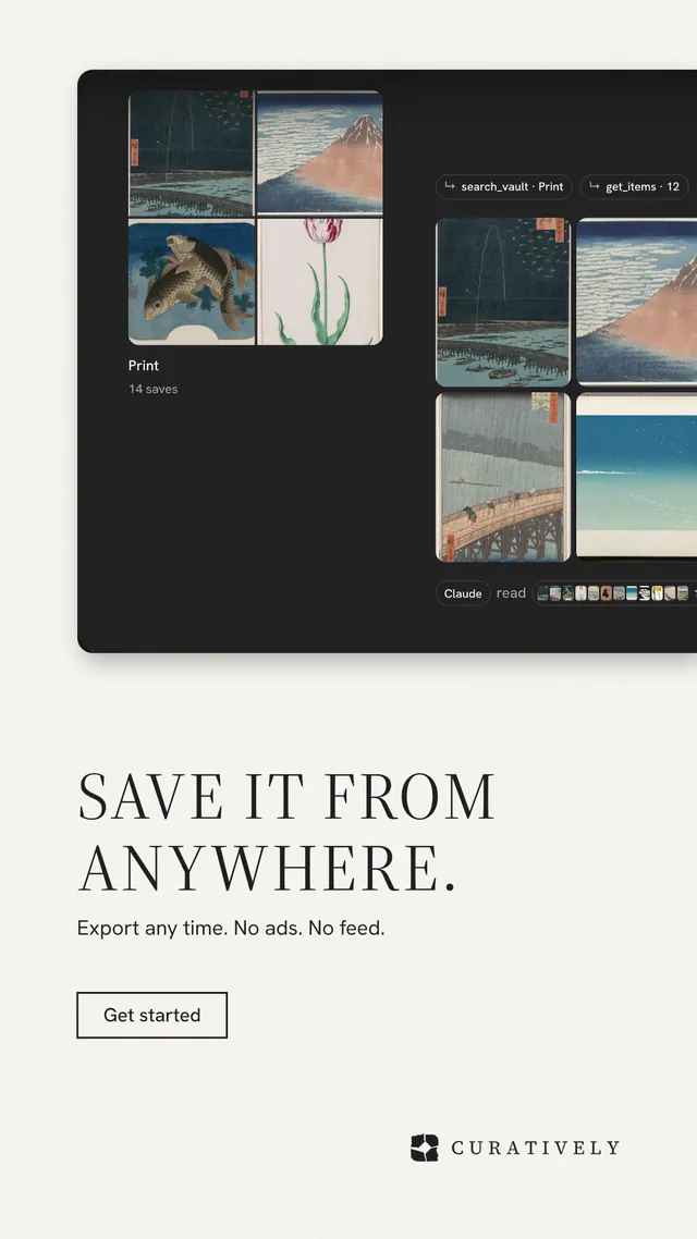 Instagram story for Curatively: "Save it from anywhere." Editorial style, bottom layout, light palette in white, black, grey.