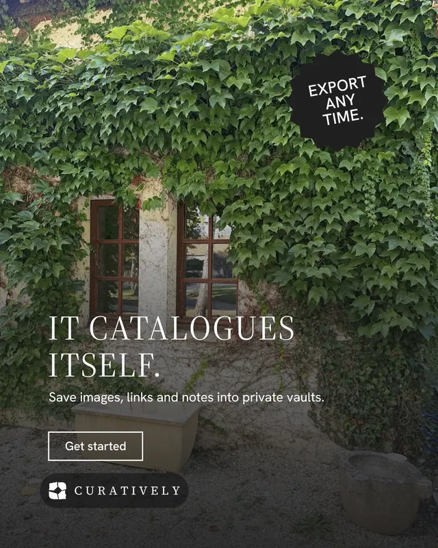 Instagram portrait post for Curatively: "It catalogues itself." Editorial style, sticker layout, dark palette in black, grey.