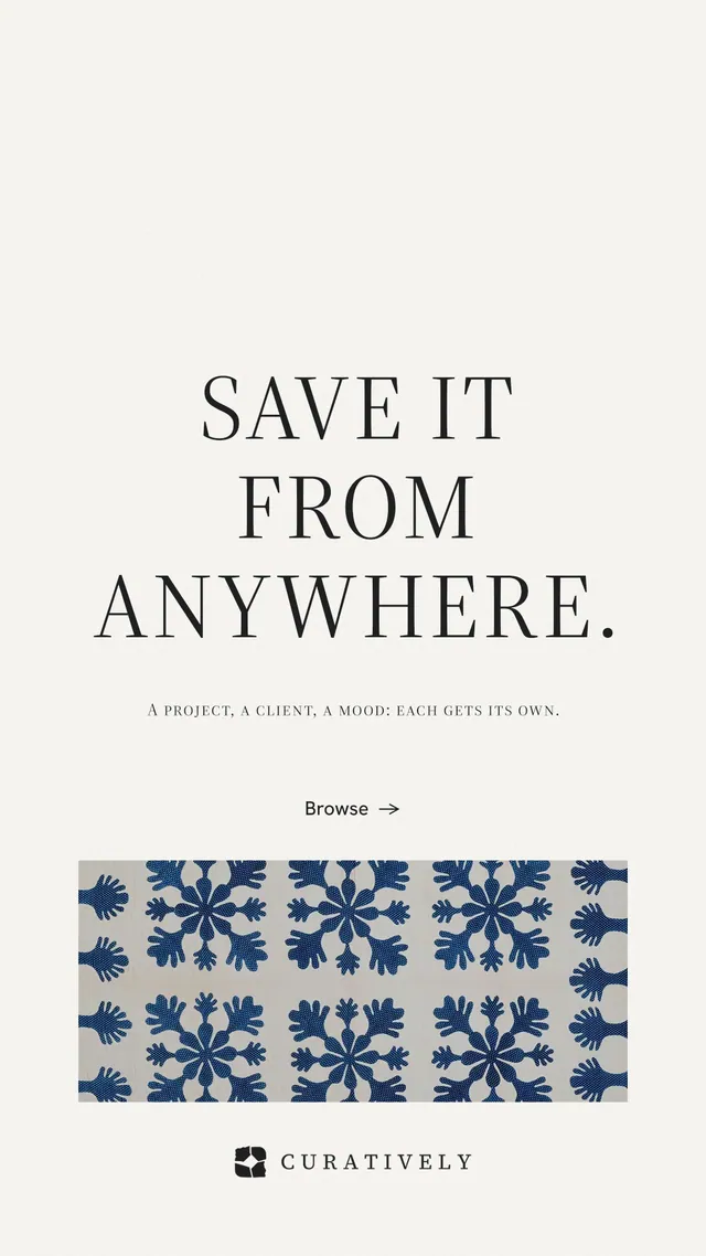 Instagram story for Curatively: "Save it from anywhere." Minimal luxury style, smallcaps layout, light palette in white, grey.