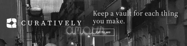 LinkedIn banner for Curatively: "Keep a vault for each thing you make." Editorial style, logo hero layout, dark palette in black, grey.