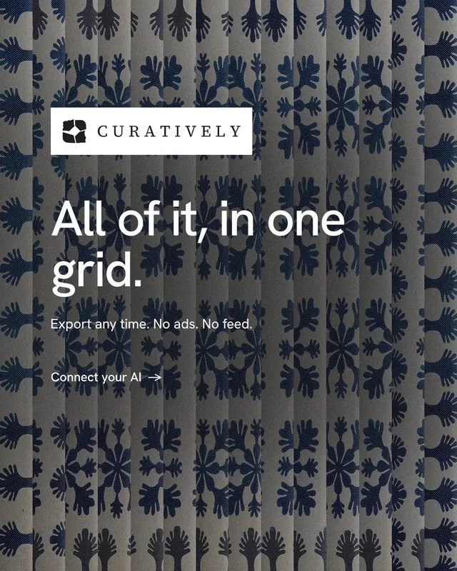 Instagram portrait post for Curatively: "All of it, in one grid." Minimal luxury style, announce layout, dark palette in grey, blue.