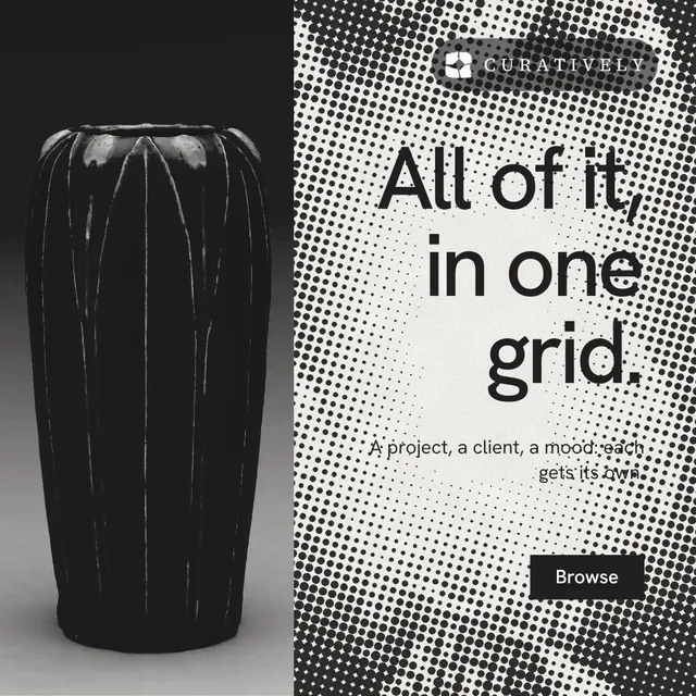Instagram post for Curatively: "All of it, in one grid." Swiss style, right layout, light palette in black, grey, white.