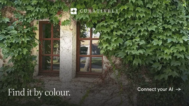 Landscape graphic for Curatively: "Find it by colour." Editorial style, image led layout, dark palette in green, black, grey.
