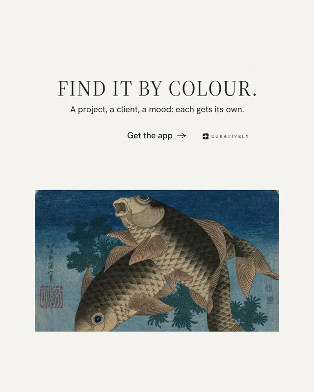 Instagram portrait post for Curatively: "Find it by colour." Minimal luxury style, centred layout, light palette in white, black, grey.