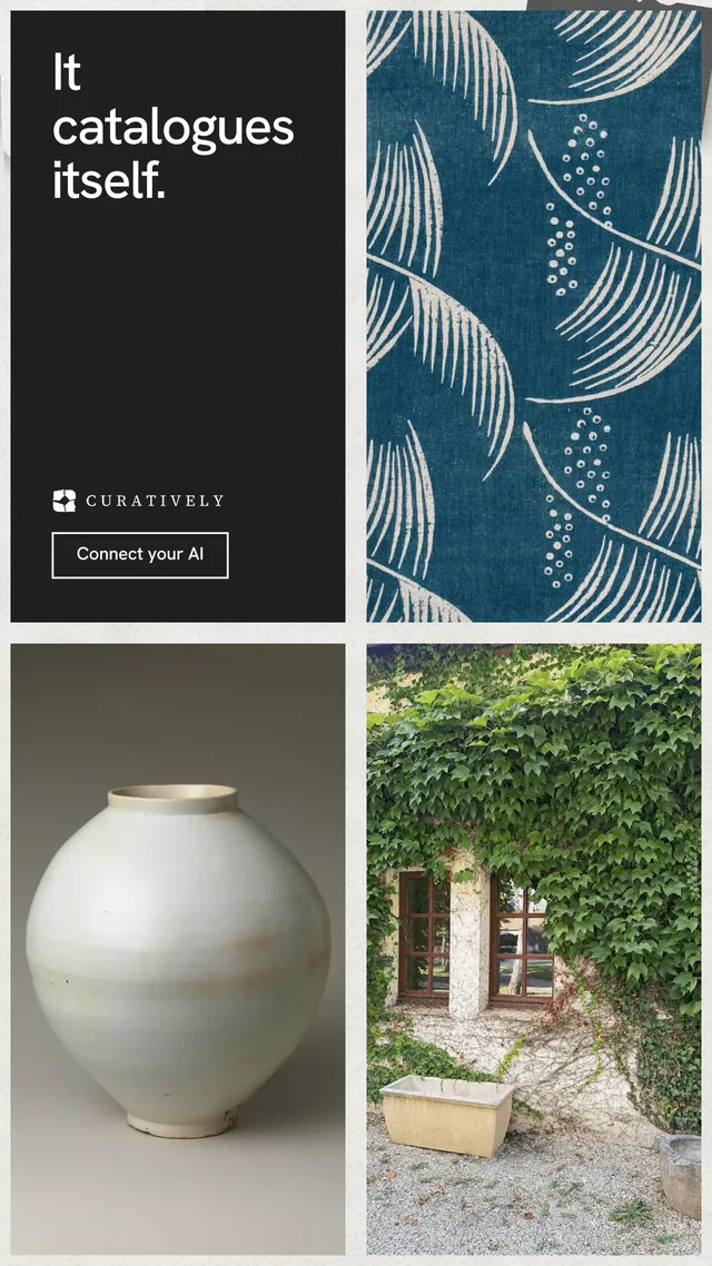 Instagram story for Curatively: "It catalogues itself." Editorial style, collage layout, light palette in grey, black, teal.