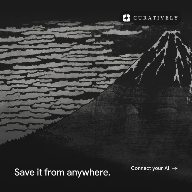 Instagram post for Curatively: "Save it from anywhere." Swiss style, image led layout, dark palette in black, grey.