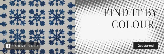 X header for Curatively: "Find it by colour." Split block style, right layout, light palette in grey, white.