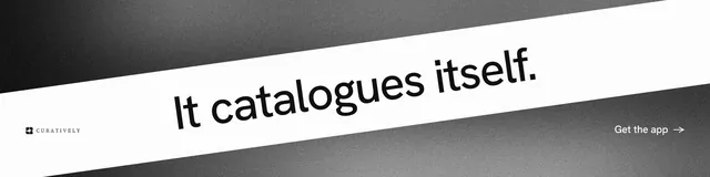 LinkedIn banner for Curatively: "It catalogues itself." Minimal luxury style, diagonal layout, light palette in white, grey.