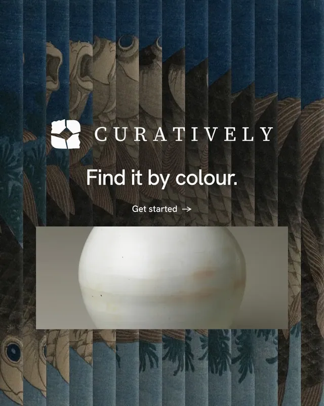 Instagram portrait post for Curatively: "Find it by colour." Minimal luxury style, logo hero layout, dark palette in black, grey.
