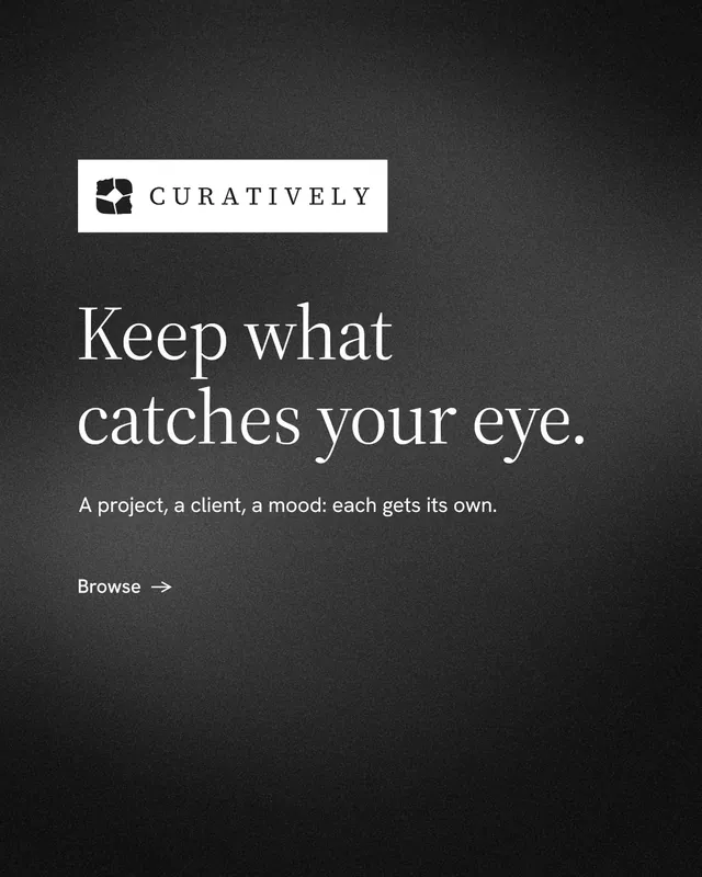Instagram portrait post for Curatively: "Keep what catches your eye." Minimal luxury style, announce layout, dark palette in black, grey.