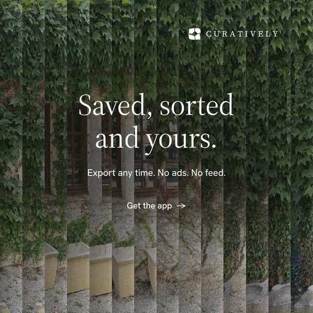 Instagram post for Curatively: "Saved, sorted and yours." Minimal luxury style, centred layout, dark palette in black, grey.