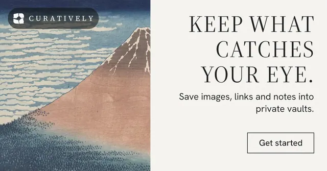 Social ad for Curatively: "Keep what catches your eye." Editorial style, right layout, light palette in white, grey.