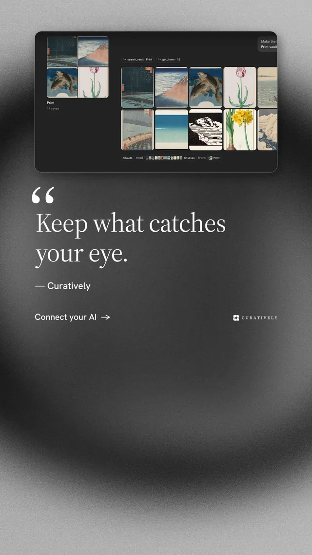 Instagram story for Curatively: "Keep a vault for each thing you make." Minimal luxury style, quote layout, dark palette in black, grey.