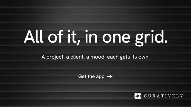 Landscape graphic for Curatively: "All of it, in one grid." Minimal luxury style, centred layout, dark palette in black, grey.