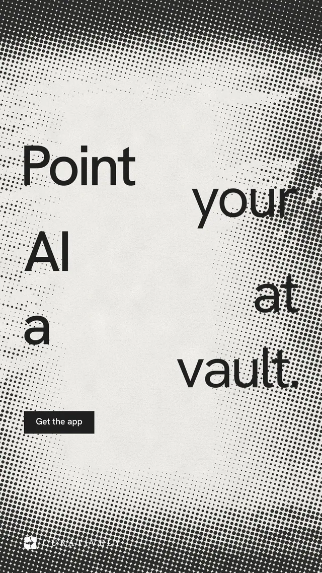 Instagram story for Curatively: "Point your AI at a vault." Swiss style, stacked layout, light palette in grey, white.