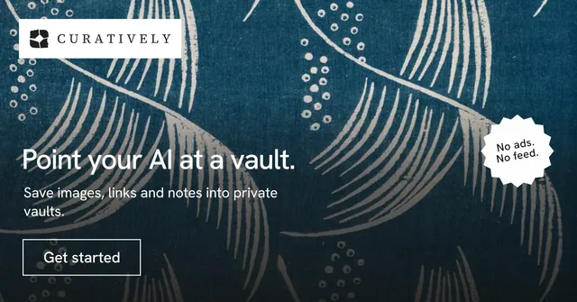 Social ad for Curatively: "Point your AI at a vault." Editorial style, sticker layout, dark palette in black, blue, grey.