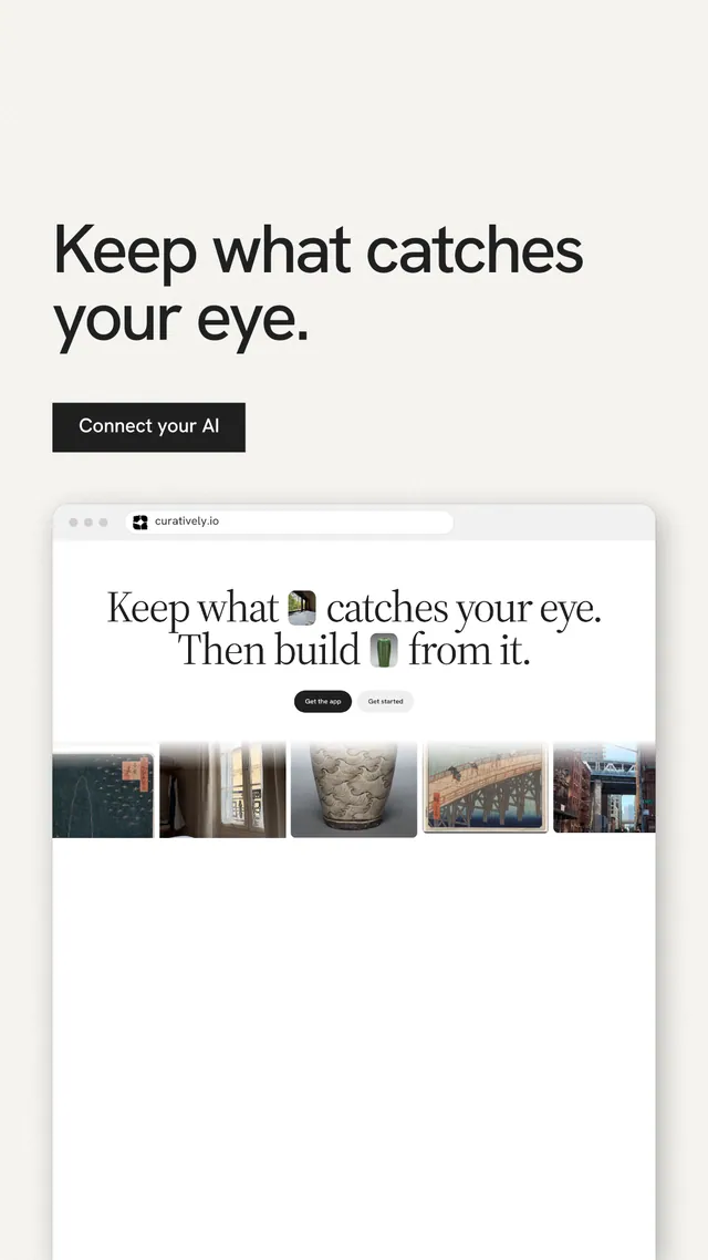 Instagram story for Curatively: "Keep what catches your eye." Swiss style, browser layout, light palette in white, grey.