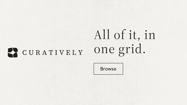 Landscape graphic for Curatively: "All of it, in one grid." Editorial style, logo hero layout, light palette in white.