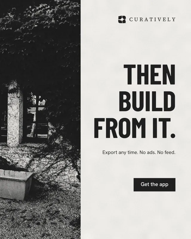 Instagram portrait post for Curatively: "Then build from it." Retro print style, right layout, light palette in white, black, grey.