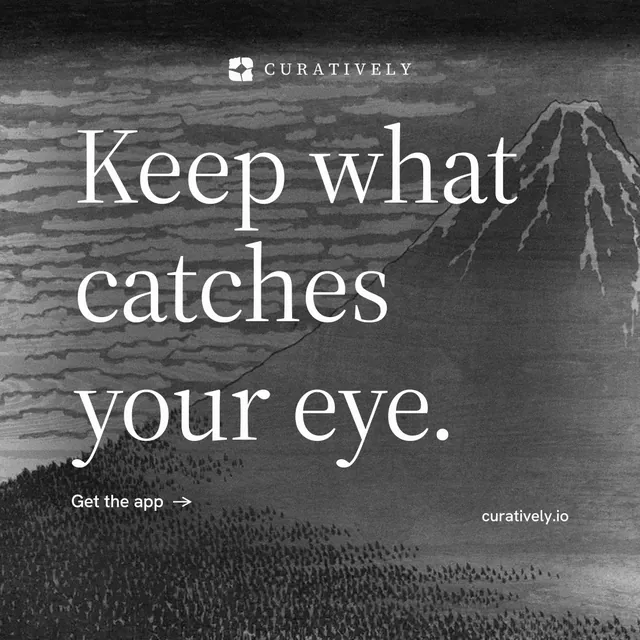 Instagram post for Curatively: "Keep what catches your eye." Minimal luxury style, poster layout, dark palette in grey, black.