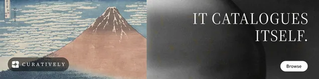 LinkedIn banner for Curatively: "It catalogues itself." Photo poster style, right layout, dark palette in black, grey.