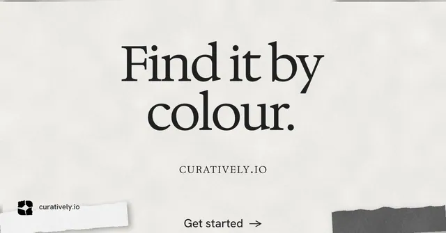 Social ad for Curatively: "Find it by colour." Swiss style, smallcaps layout, light palette in white, grey.