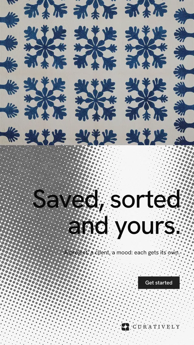Instagram story for Curatively: "Saved, sorted and yours." Split block style, right layout, light palette in grey, white.