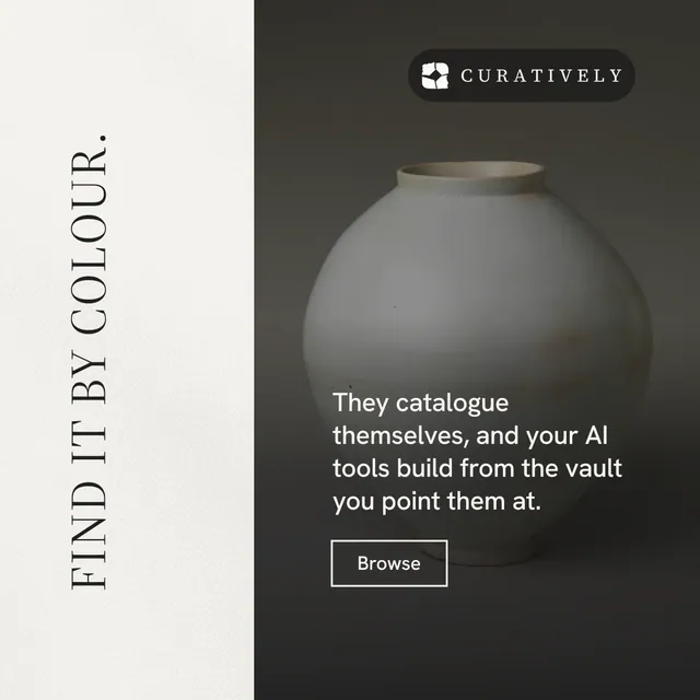 Instagram post for Curatively: "Find it by colour." Editorial style, vertical layout, light palette in white, black, grey.