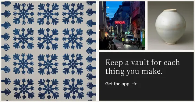 Social ad for Curatively: "Keep a vault for each thing you make." Minimal luxury style, collage layout, light palette in black, grey, white.