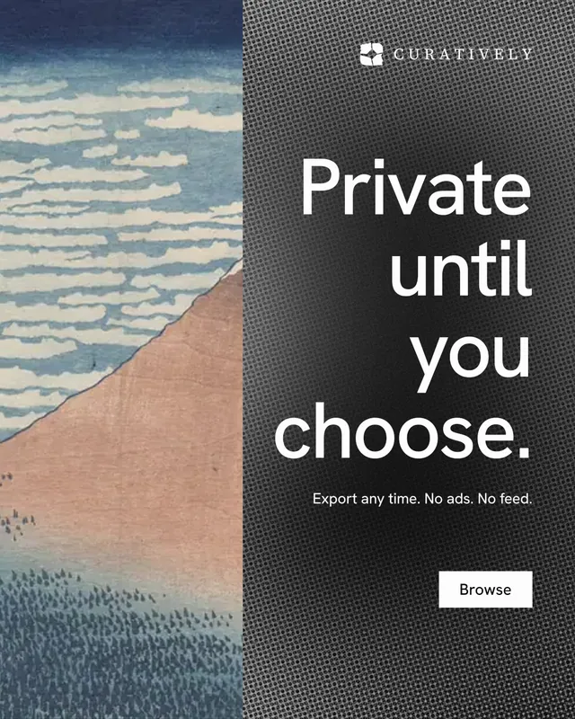 Instagram portrait post for Curatively: "Private until you choose." Swiss style, right layout, dark palette in grey, black.