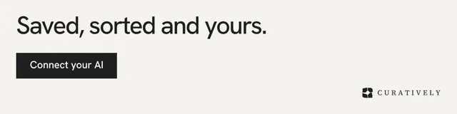 LinkedIn banner for Curatively: "Saved, sorted and yours." Swiss style, skeleton layout, light palette in white, grey.