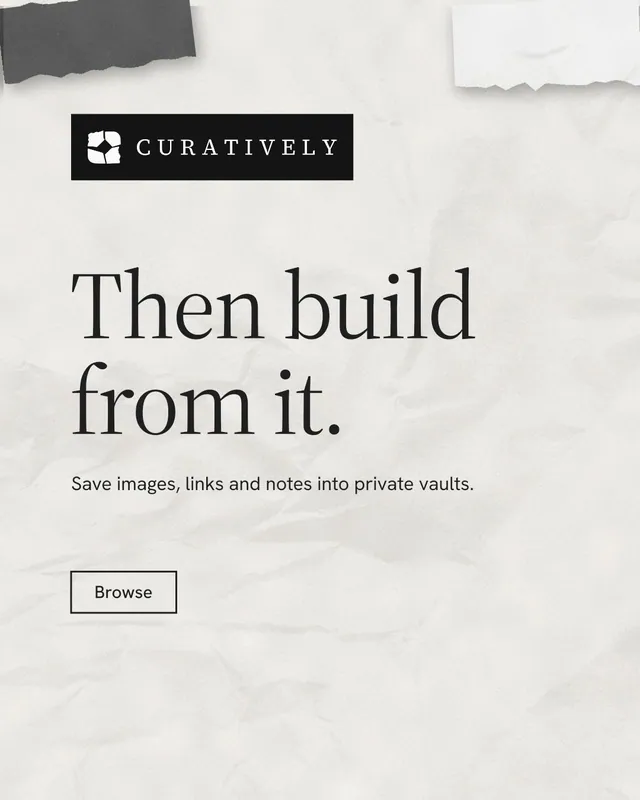Instagram portrait post for Curatively: "Then build from it." Editorial style, announce layout, light palette in white, grey.
