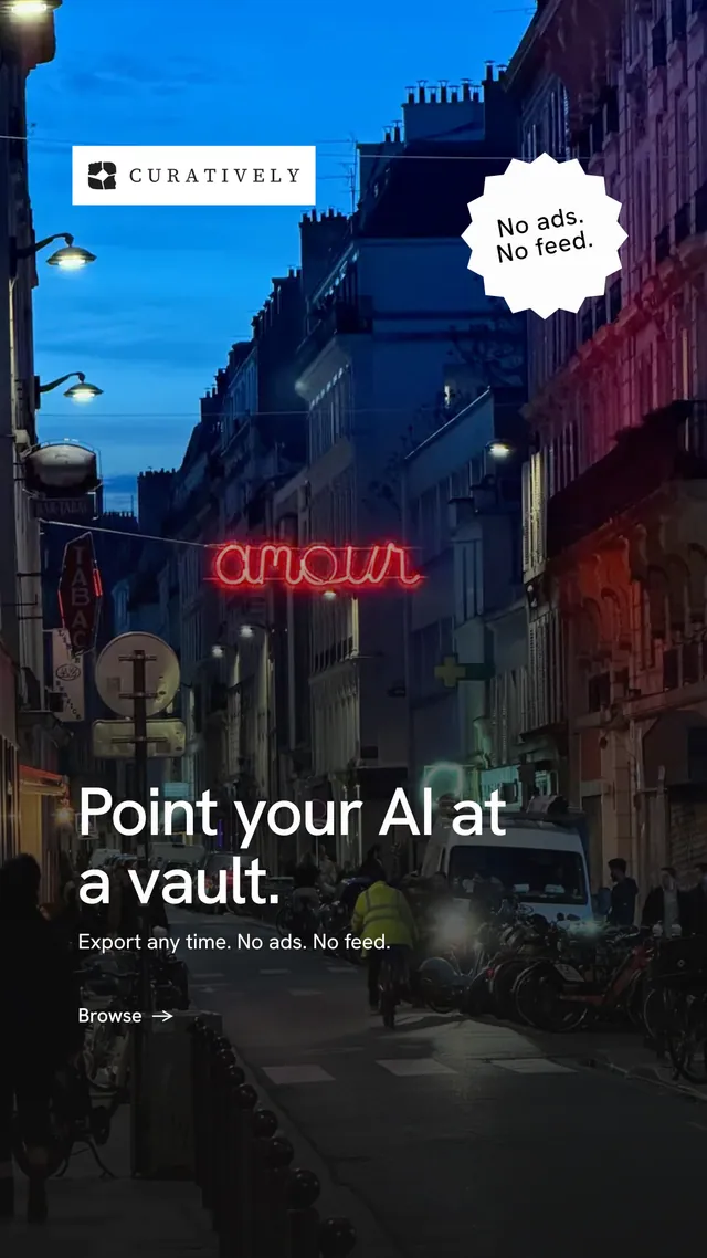 Instagram story for Curatively: "Point your AI at a vault." Minimal luxury style, sticker layout, dark palette in black, blue, pink.