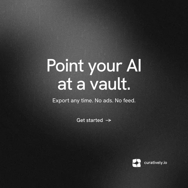 Instagram post for Curatively: "Point your AI at a vault." Minimal luxury style, centred layout, dark palette in black, grey.