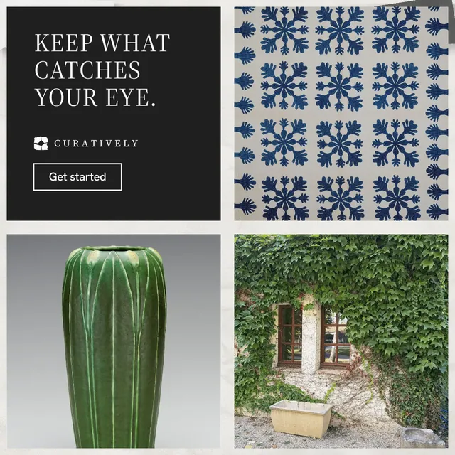 Instagram post for Curatively: "Keep what catches your eye." Editorial style, collage layout, light palette in grey, black, white.