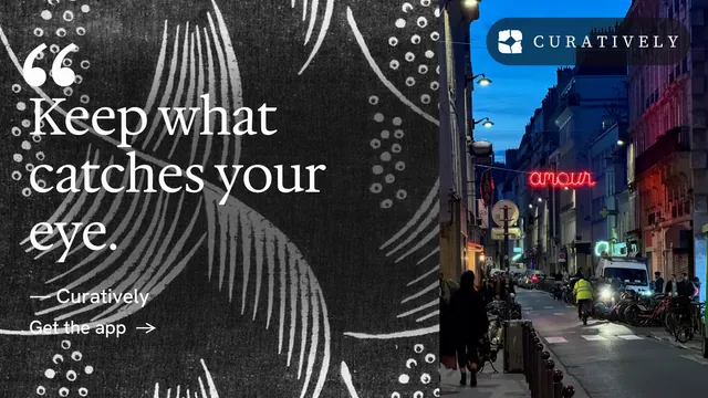 Landscape graphic for Curatively: "Keep a vault for each thing you make." Minimal luxury style, quote layout, dark palette in black, grey, blue.