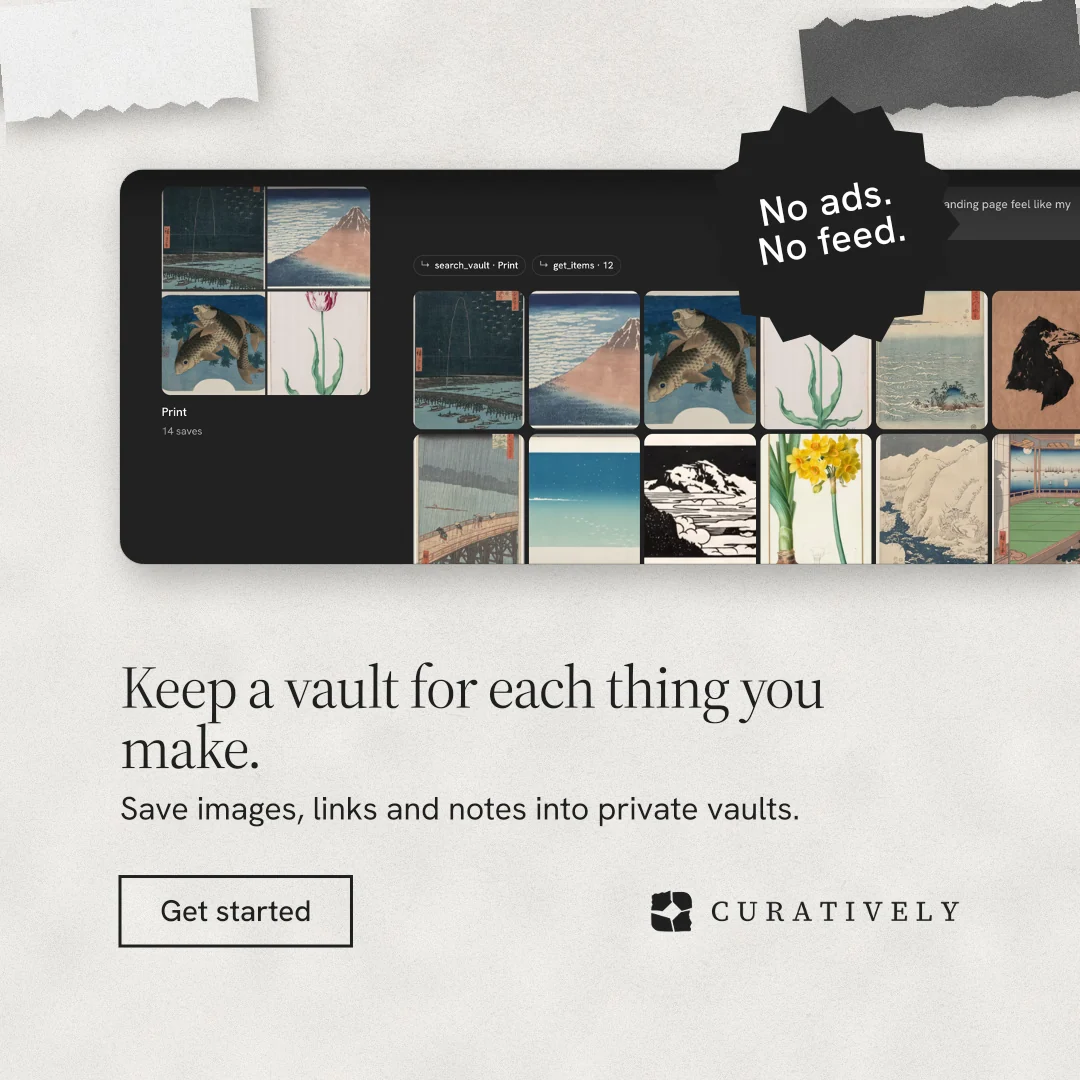 Instagram post for Curatively: "Keep a vault for each thing you make." Editorial style, sticker layout, light palette in white, black, grey.