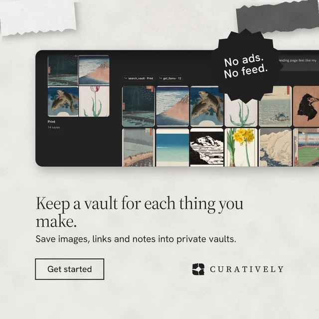 Instagram post for Curatively: "Keep a vault for each thing you make." Editorial style, sticker layout, light palette in white, black, grey.