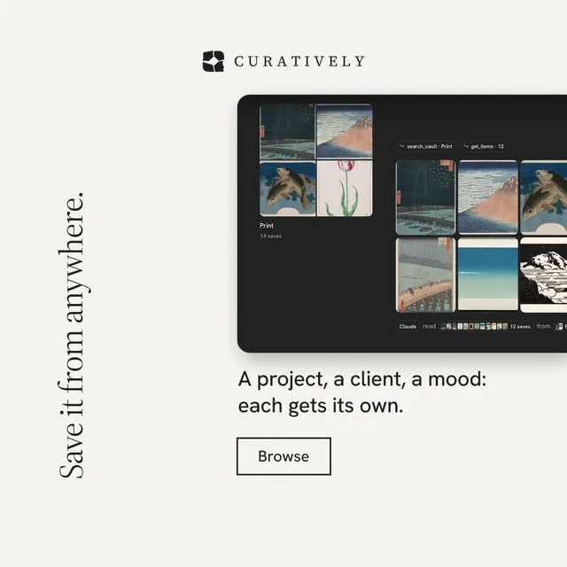 Instagram post for Curatively: "Save it from anywhere." Editorial style, vertical layout, light palette in white, black, grey.