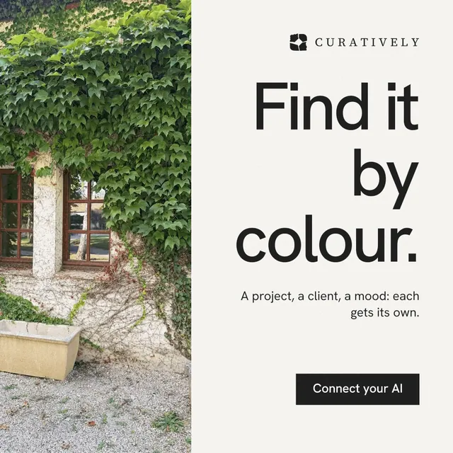 Instagram post for Curatively: "Find it by colour." Swiss style, right layout, light palette in white, green, grey.