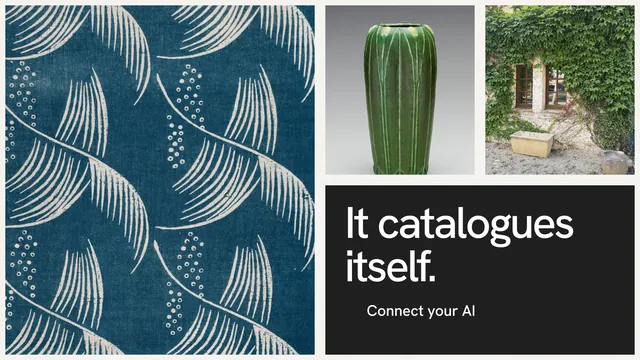 Landscape graphic for Curatively: "It catalogues itself." Swiss style, collage layout, dark palette in teal, grey, blue.