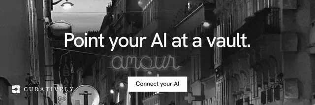 X header for Curatively: "Point your AI at a vault." Swiss style, centred layout, dark palette in grey, black.