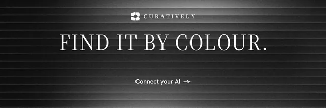 X header for Curatively: "Find it by colour." Minimal luxury style, centred layout, dark palette in black, grey.