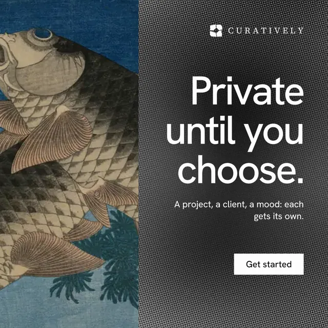 Instagram post for Curatively: "Private until you choose." Swiss style, right layout, dark palette in black, grey.