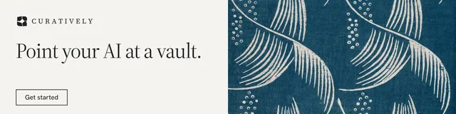 LinkedIn banner for Curatively: "Point your AI at a vault." Editorial style, bottom layout, light palette in white, blue, grey.