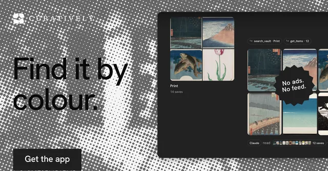 Social ad for Curatively: "Find it by colour." Swiss style, sticker layout, dark palette in grey, black, white.