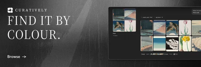 X header for Curatively: "Find it by colour." Minimal luxury style, bottom layout, dark palette in black, grey.